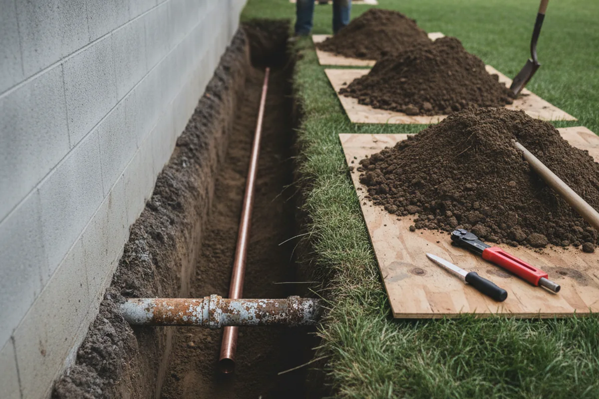 Excavated water line trench during Water Heater Repair in Bay Shore